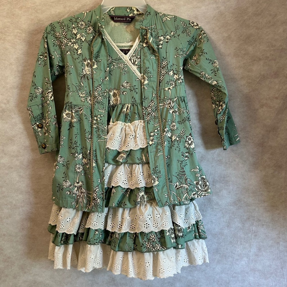Mustard Pie Girls Sage Green Floral Tiered Ruffle Dress and Jacket Set Size 6/7